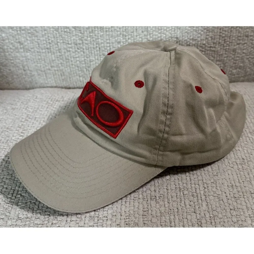 CAO Cigars Hat Cap Adjustable leather strap‎ metal buckle Beige Red accent.
